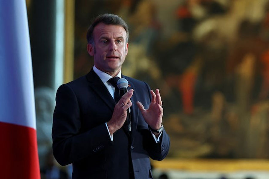 French President Emmanuel Macron speaks at the "Choose France Summit", aiming to attract foreign investors to the country, at the Chateau de Versailles, near Paris, France, May 19, 2025.