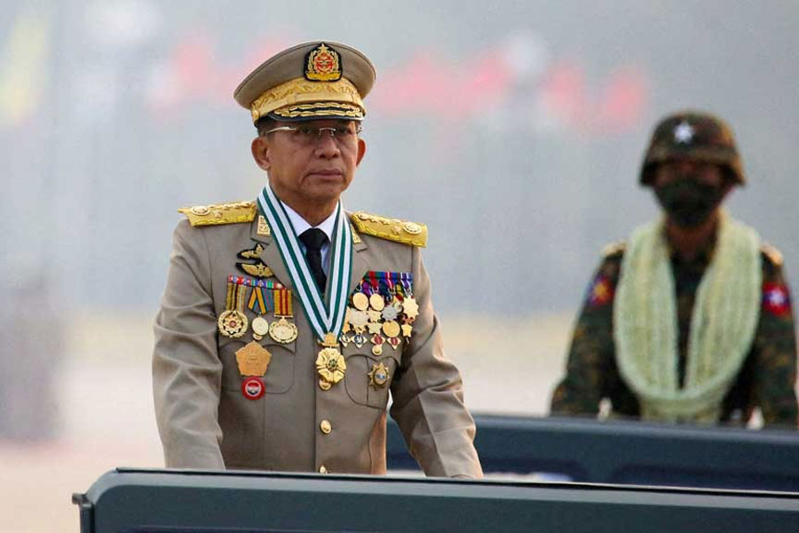 Myanmar junta chief Senior General Min Aung Hlaing, who ousted the elected government in a coup on Feb 1, 2021, presides over an army parade on Armed Forces Day in Naypyitaw, Myanmar, Mar 27, 2021.
