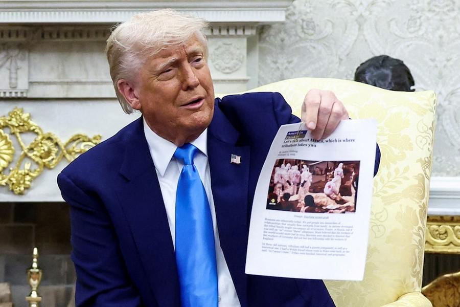 US President Donald Trump shows a copy of an article that he said its about white South Africans who had been killed, in the Oval Office of the White House in Washington, DC, US on May 21, 2025 — Reuters photo