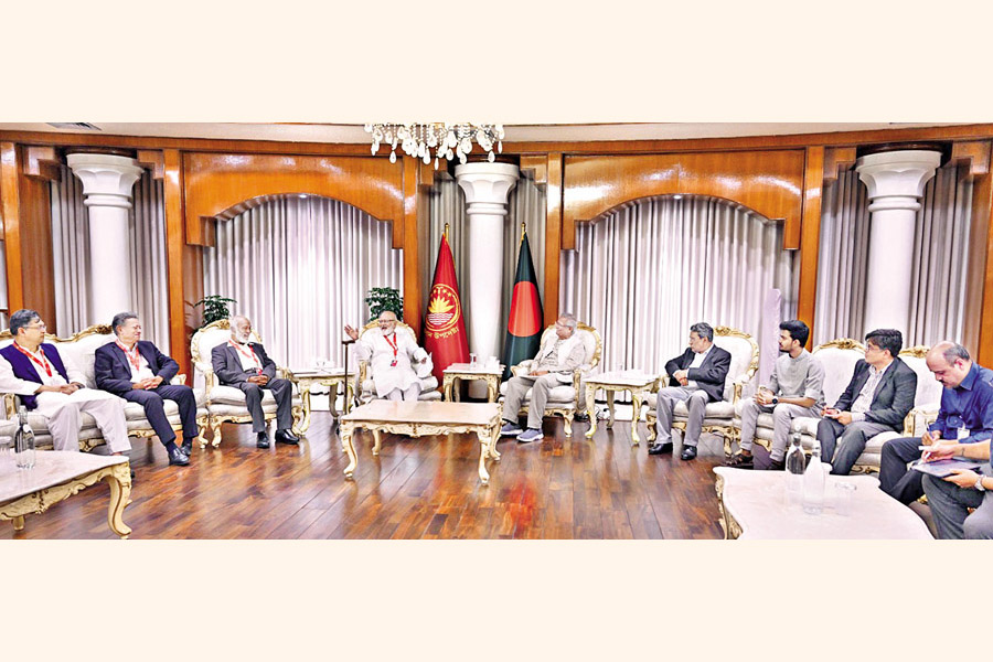 A delegation of BNP led by its Standing Committee Member Khandaker Mosharraf Hossain meets Chief Adviser Professor Muhammad Yunus at the State Guesthouse, Jamuna, on Saturday evening. — Photo collected Story on Page 1