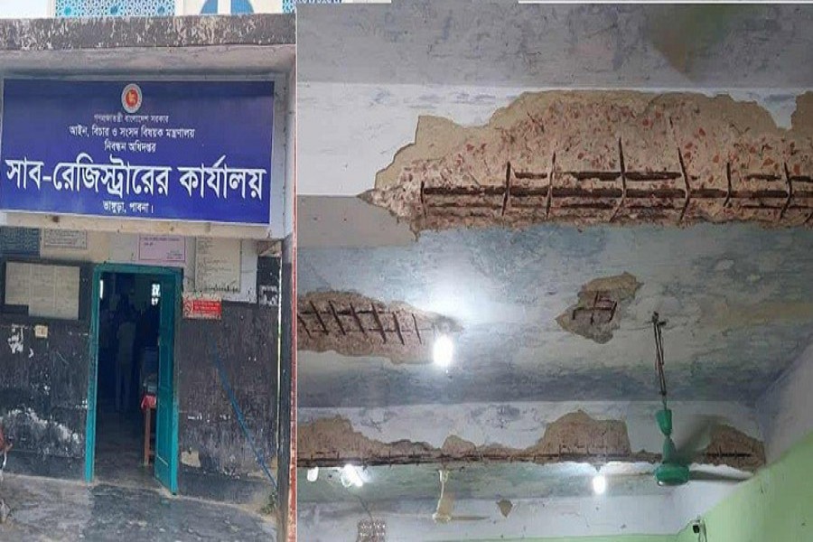 Photo shows plaster fell off the beams of the abandoned and risky building of the Bhangura Sub-Registrar Office in Bhangura upazila of Pabna district