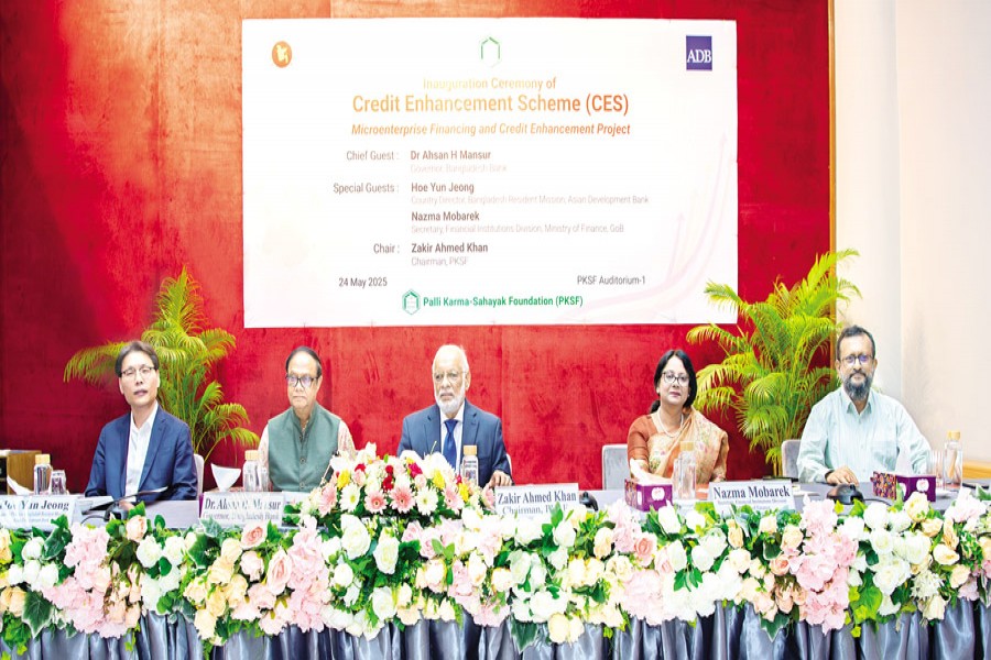 The 'Credit Enhancement Scheme' under the Microenterprise Financing and Credit Enhancement Project of the Palli Karma-Sahayak Foundation (PKSF) was launched at the PKSF auditorium in the city on Saturday. Bangladesh Bank Governor Dr Ahsan H Mansur was present as the chief guest while PKSF Chairman Zakir Ahmed Khan presided over the event. — FE photo