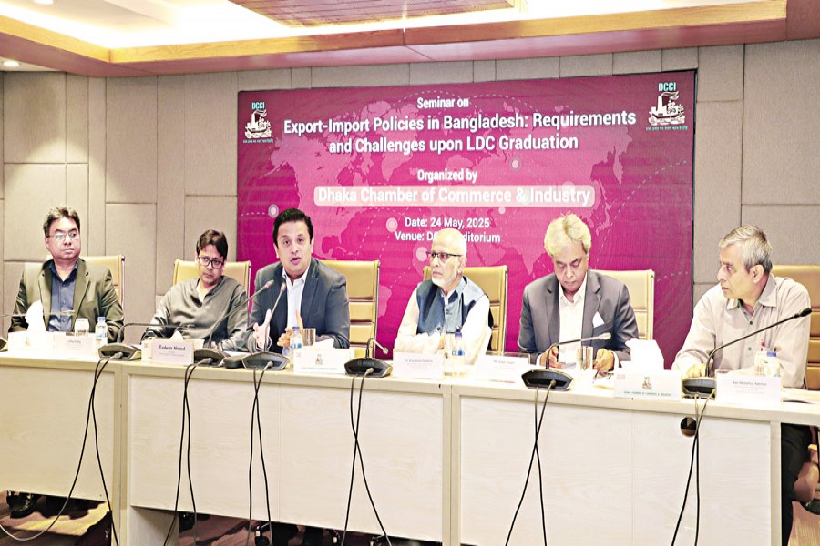 DCCI President Taskeen Ahmed speaks at a seminar on 'Export-import policies in Bangladesh: Requirements and Challenges upon LDC Graduation' organised by the Dhaka Chamber of Commerce & Industry (DCCI) at its auditorium on Saturday.