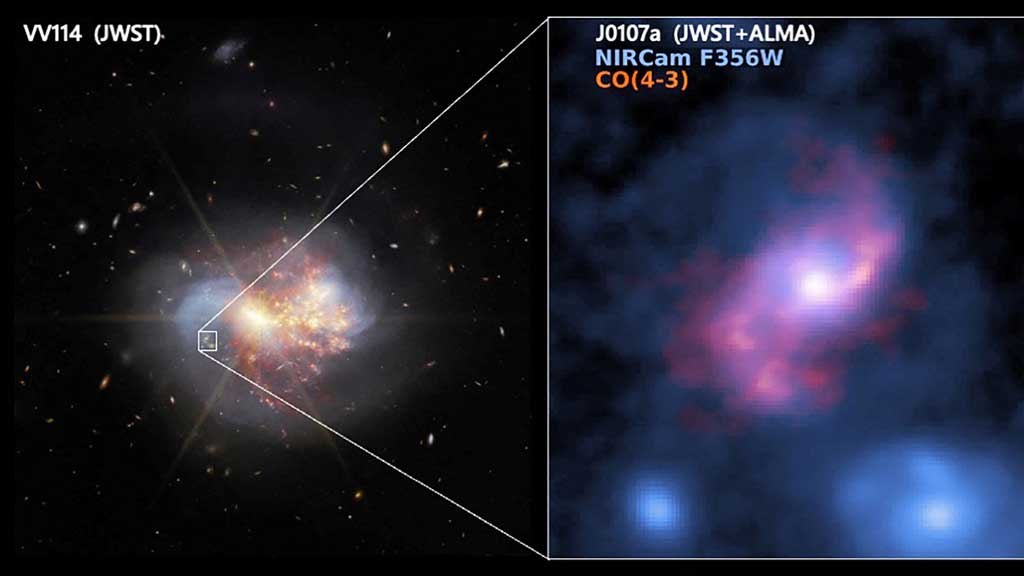 A near-infrared image shows the nearby galaxy VV114 captured by NASA's James Webb Space Telescope, with the monster barred spiral galaxy J0107a in the background, captured by the Atacama Large Millimeter/submillimeter Array and NASA's James Webb Space Telescope, in this undated image. Stellar and molecular gas distribution of J0107a is shown on the right. NASA, ALMA (ESO/NAOJ/NRAO), Huang et al/Handout via REUTERS