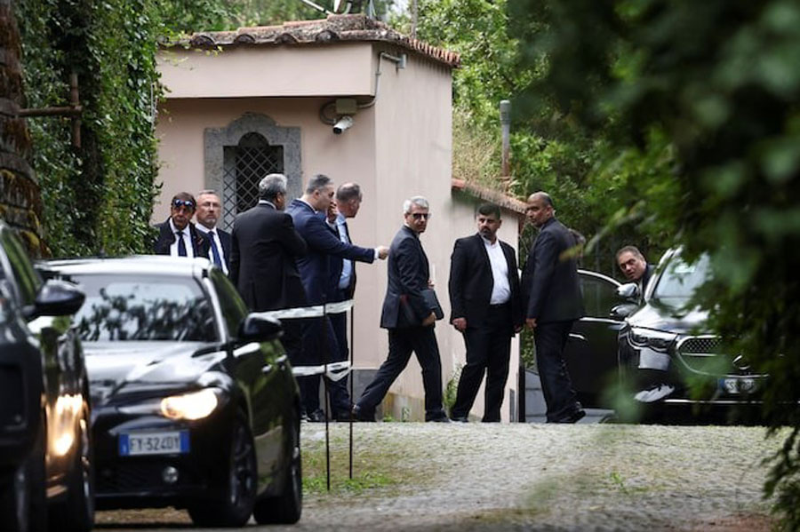 Members of the Iranian delegation leave the Omani embassy, where the fifth round of US-Iran talks takes place, in Rome, Italy, May 23, 2025.