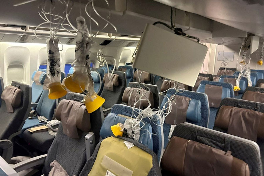 The interior of Singapore Airlines flight SQ321 is pictured after an emergency landing at Bangkok's Suvarnabhumi International Airport, Thailand, May 21, 2024.