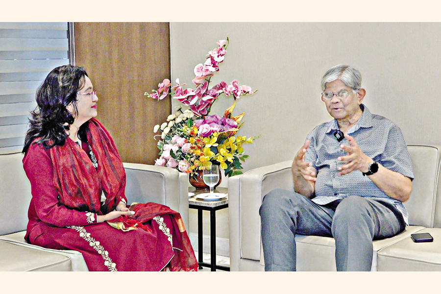 Finance Adviser Dr. Shalehuddin Ahmed talks to Doulot Akter Mala, Special Correspondent of The Financial Express, in an exclusive interview on Sunday. —FE Photo