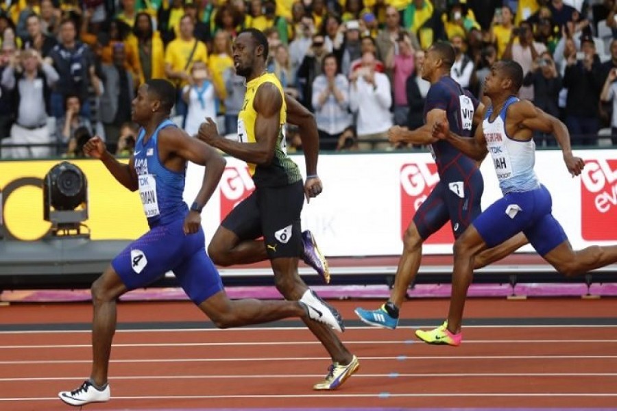 Athletics - World Athletics Championships – men’s 100 metres semi-final – London Stadium, London, Britain – August 5, 2017 – Jimmy Vicaut of France, Usain Bolt of Jamaica, Chijindu Ujah of Britain and Christian Colleman of the US compete. Reuters