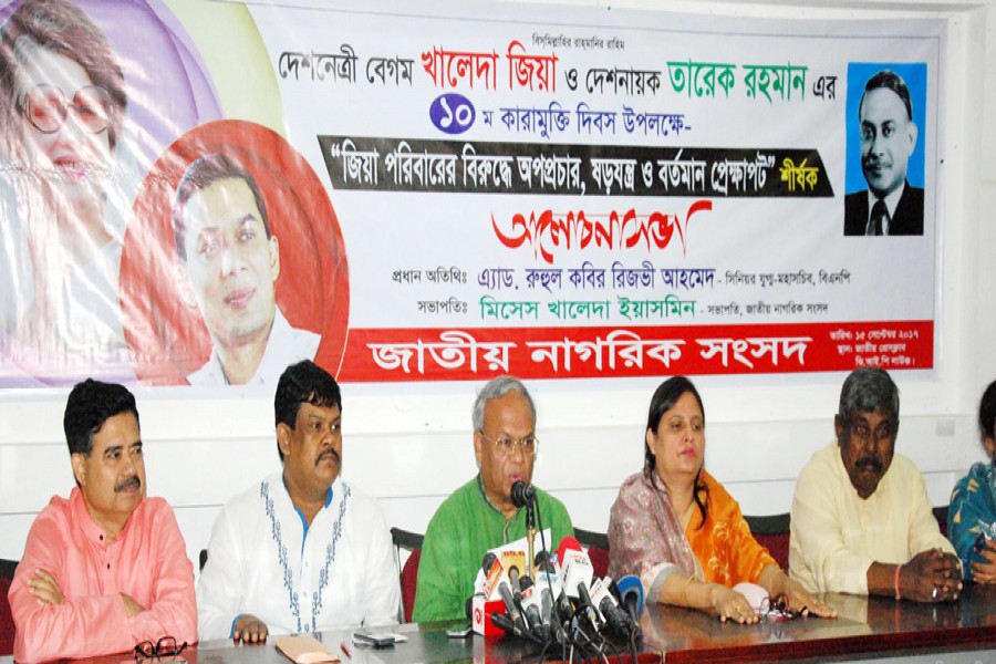 BNP senior joint secretary general Ruhul Kabir Rizvi speaking at a discussion organised by Bangladesh Jatiya Nagorik Sangsad at the National Press Club in the city on Friday. — Focus Bangla