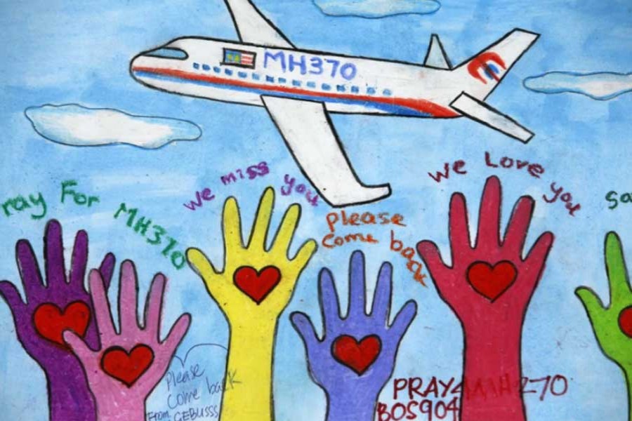 An artwork conveying well-wishes for the passengers and crew of the missing Malaysia Airlines Flight 370 at a gallery in Kuala Lumpur International Airport. - Edgar Su/Reuters