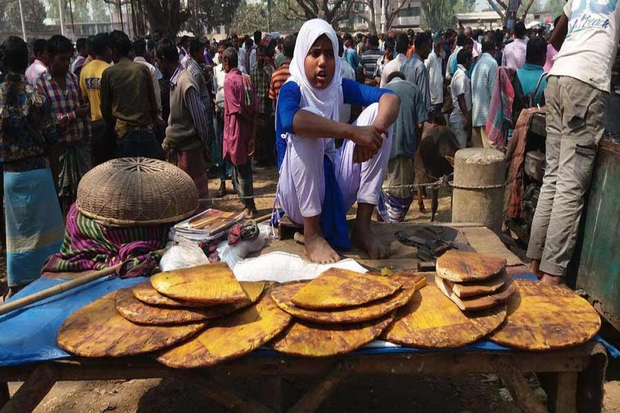 A girl is waiting for customers at Dhaphat in Dupchanchia municipal area of Bogra. The snap was taken on Tuesday. — FE Photo