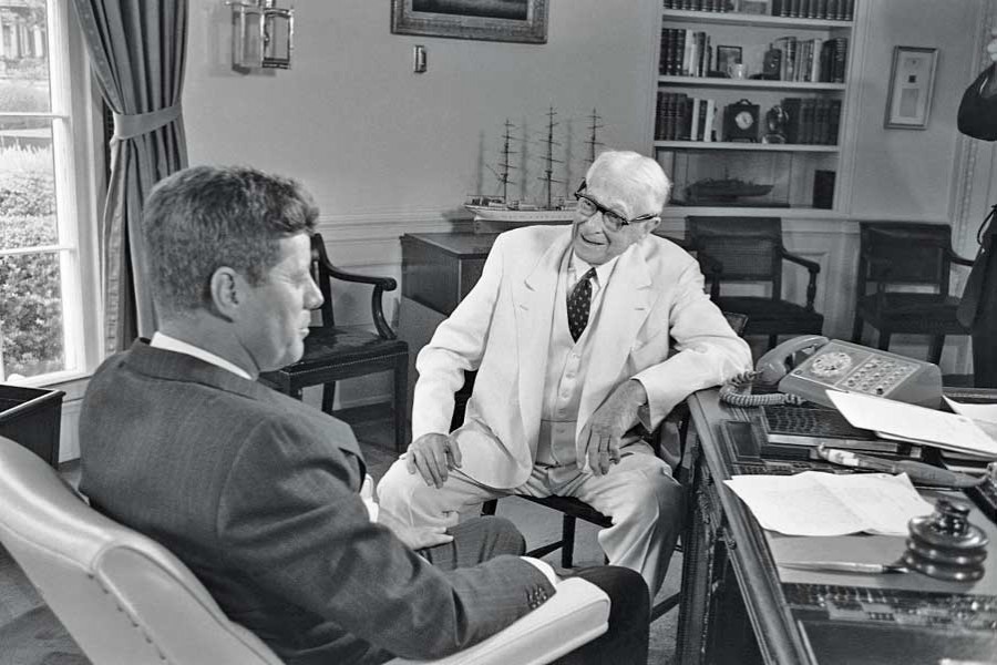 President Kennedy (left) confers with Bernard Baruch, 90-year-old New York financier, at the White House on July 26, 1961. — AP photo