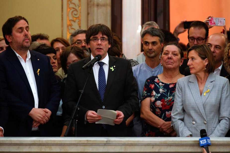Catalan President Carles Puigdemont speaks during a ceremony after the Catalan regional Parliament declared independence from Spain in Barcelona, Spain, October 27, 2017. - Reuters photo