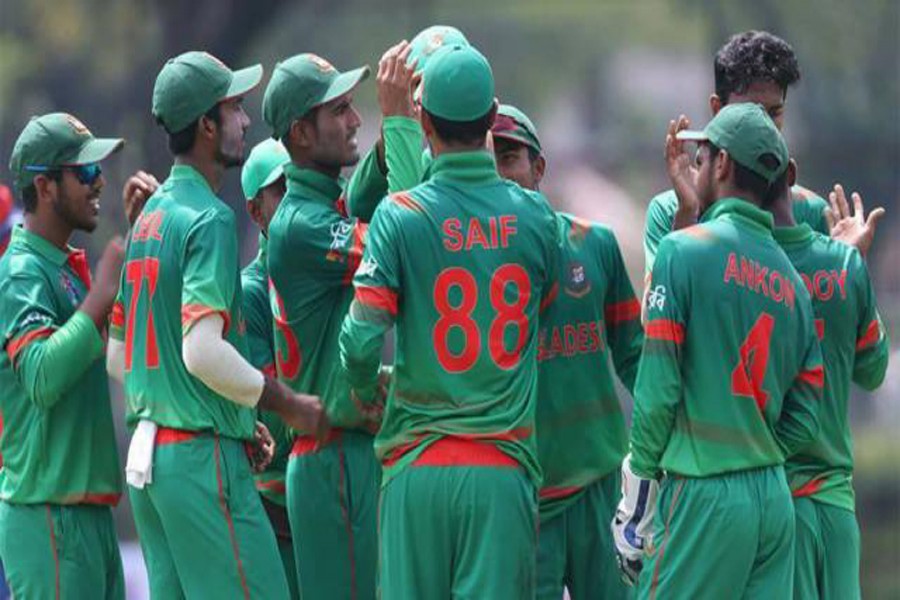 Bangladesh cricketers celebrate after beating India at the ACC Youth Asia Cup Cricket 2017 at the Royal Selangor Club ground in Kuala Lumpur on Tuesday. — ACC website