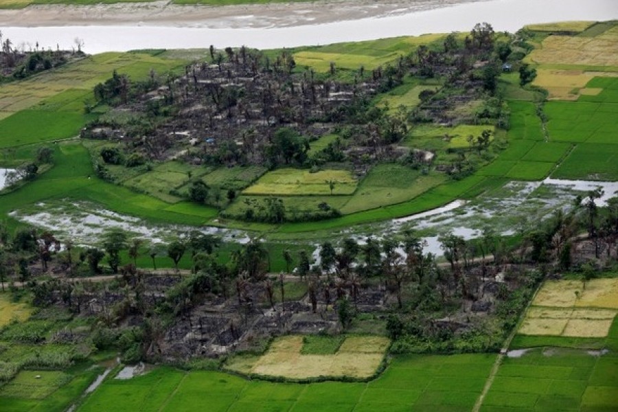 Aerial view of a burned Rohingya village near Maungdaw, north of Rakhine state, Myanmar September 27, 2017. - Reuters