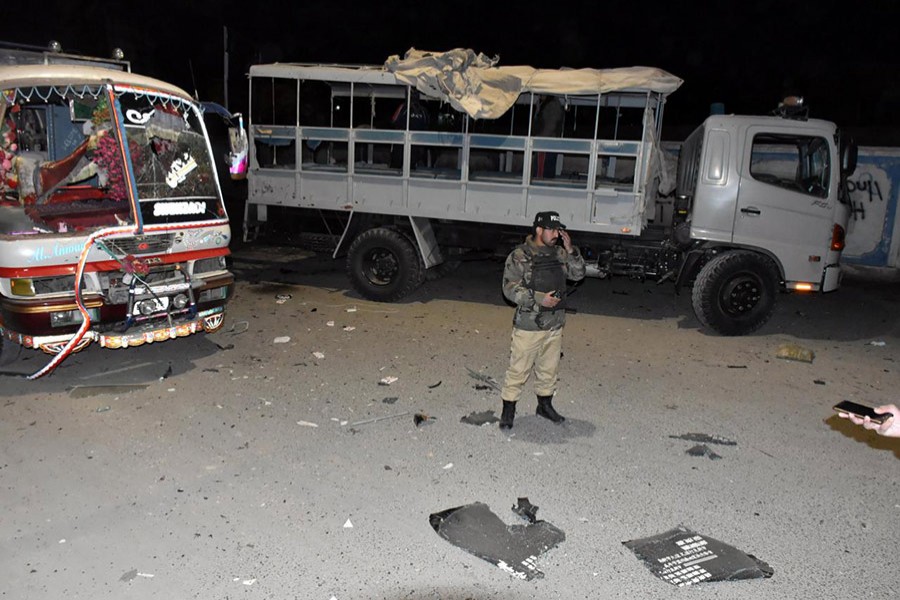 A soldier stands at the scene off a blast targeting a police truck in Quetta, Pakistan on Tuesday. - Reuters photo
