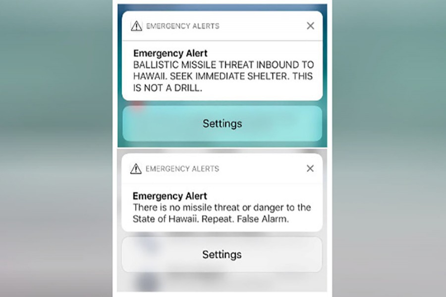 A combination photograph shows screenshots from a cell phone displaying an alert for a ballistic missile launch and the subsequent false alarm message in Hawaii on Saturday. - Reuters photo
