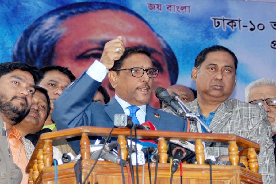 Awami League General Secretary Obaidul Quader speaking at the inaugural function of member collection and membership renewal programme of Awami League at the Bangabandhu Bhaban at Dhanmondi in the city on Monday. — Focus Bangla