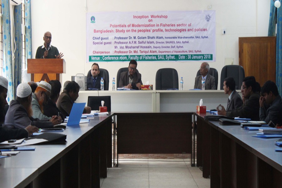 The workshop on 'Potentials of modernisation in fisheries sector of Bangladesh: Study on the people’s profile, technologies and policies' is in progress at the Sylhet Agricultural University on Wednesday. — FE Photo