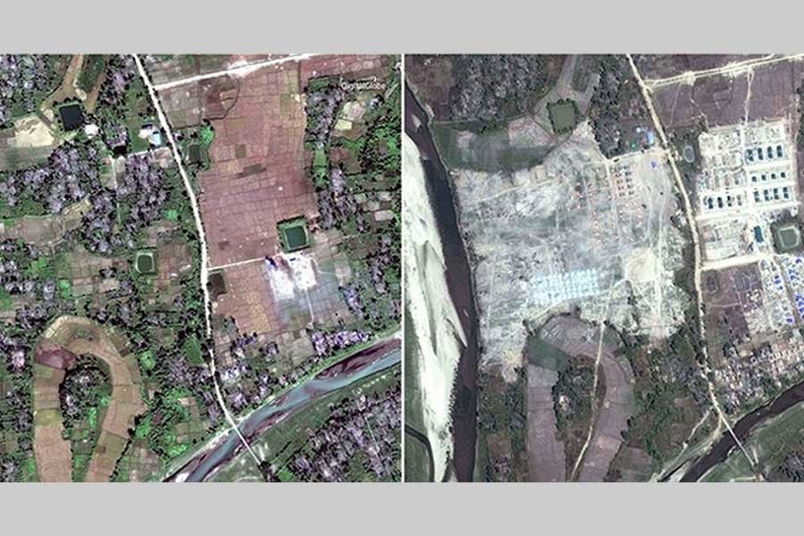 This combination of two satellite images provided by DigitalGlobe, Dec. 2, 2017, left; and Feb. 19, 2018, right; displaying the village of Thit Tone Nar Gwa Son, about 50 kilometers (30 miles) north of Maungdaw, Rakhine state, Myanmar. - AP Photo