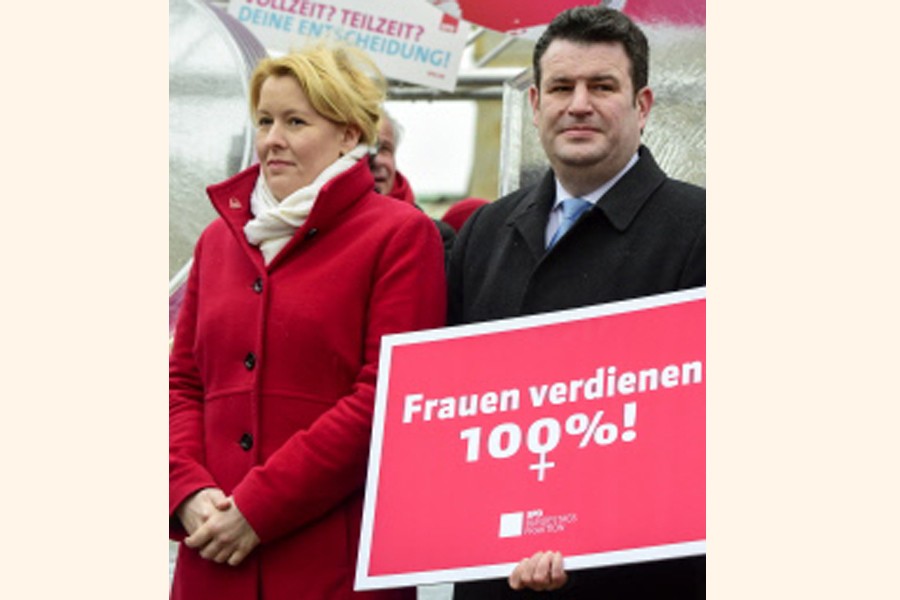 BERLIN: German Labour Minister Hubertus Heil and Family Minister Franziska Giffey attending a demonstration for the so-called Equal Pay Day in front of Berlin's Brandenburg gate on Friday — AFP