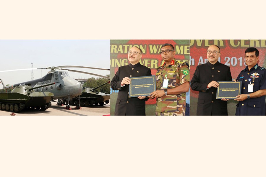 Harsh Vardhan Shringla, High Commissioner of India in Bangladesh, handing over two PT-76 tanks, memorabilia of the Liberation War of 1971, to Chief of General Staff of Bangladesh Army Lt General Md Nazimuddin and a Mi-4 helicopter to Assistant Chief of Air Staff (Admin) Air Vice Marshal M Abul Bashar at Bangladesh Air Force Base Bashar on Wednesday — ISPR