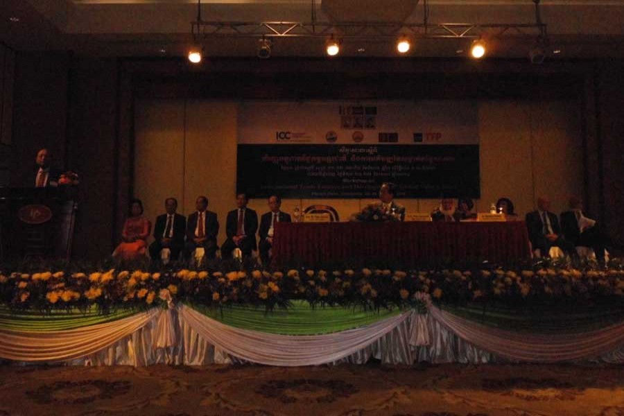 Bangladesh commerce minister Tofail Ahmed speaks at a workshop in Phnom Penh, the capital of Cambodia, on Wednesday. International Chamber of Commerce Bangladesh president Mahbubur Rahman is also present. Photo/Press Release