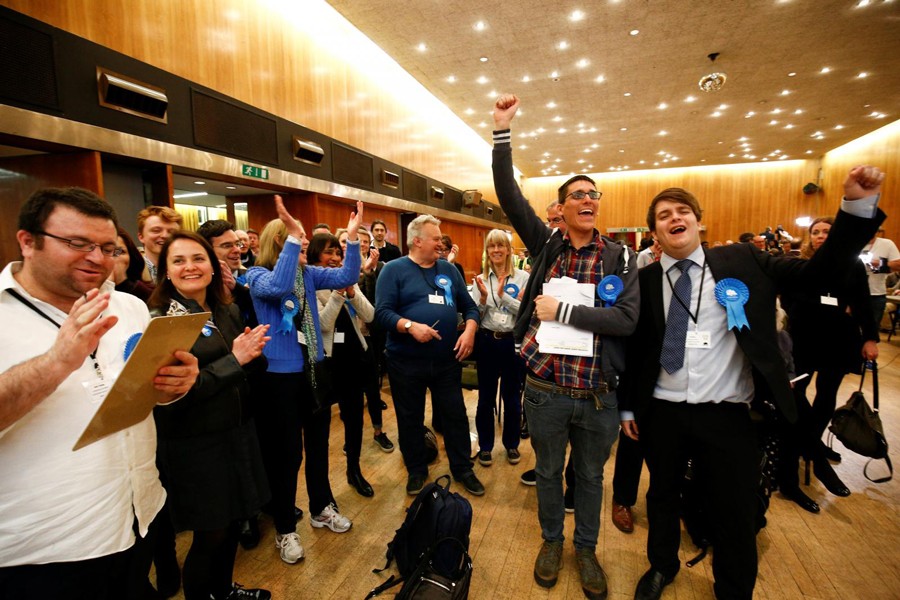 Supporters of the British Conservative Party reacting during the count at Wandsworth Town Hall after local government elections in London on Friday — Reuters