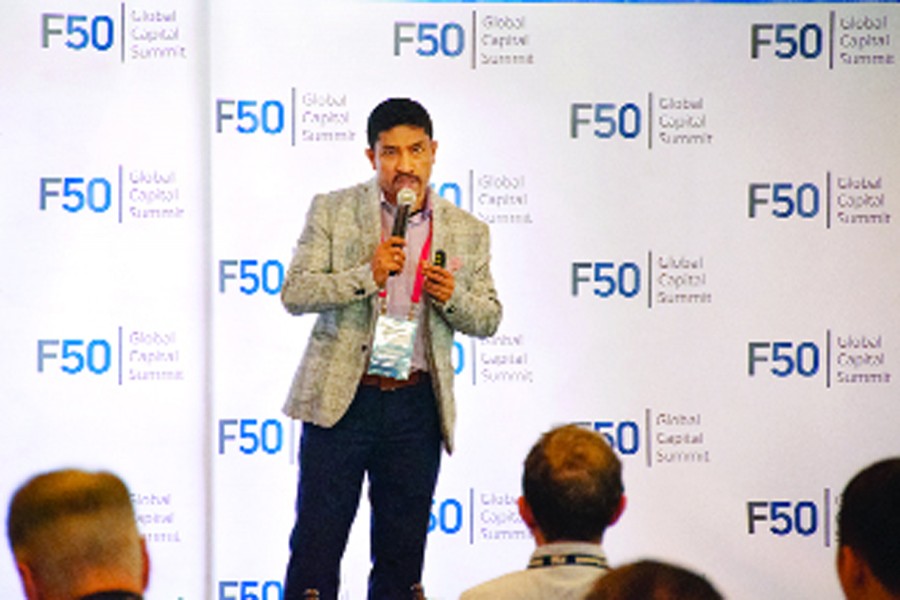 Venture Capital & Private Equity Association of Bangladesh (VCPEAB) chairman Shameem Ahsan addressing a session titled 'Global Capital Summit' at Silicon Valley, USA, on Thursday