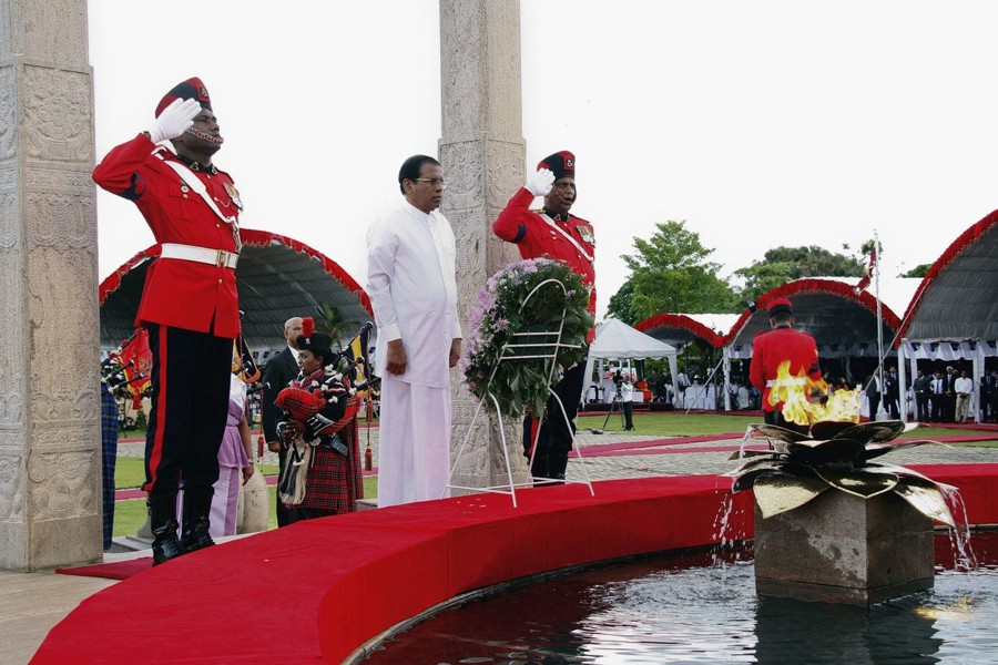 Sri Lanka President Maithripala Sirisena attending a commemorative ceremony marking the ninth anniversary to the end of Sri Lanka’s civil war at the national war heroes memorial in Colombo on Saturday — AP