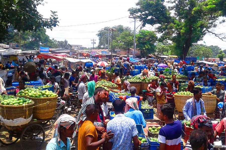 Traders thronging the Baneswar Haat, the largest mango market in the country, in Rajshahi on Thursday — FE Photo