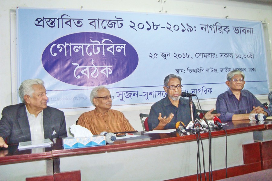 Sujon president M Hafiz Uddin Khan speaking at a discussion on the proposed budget for fiscal year 2018-19 in the city on Monday — FE Photo