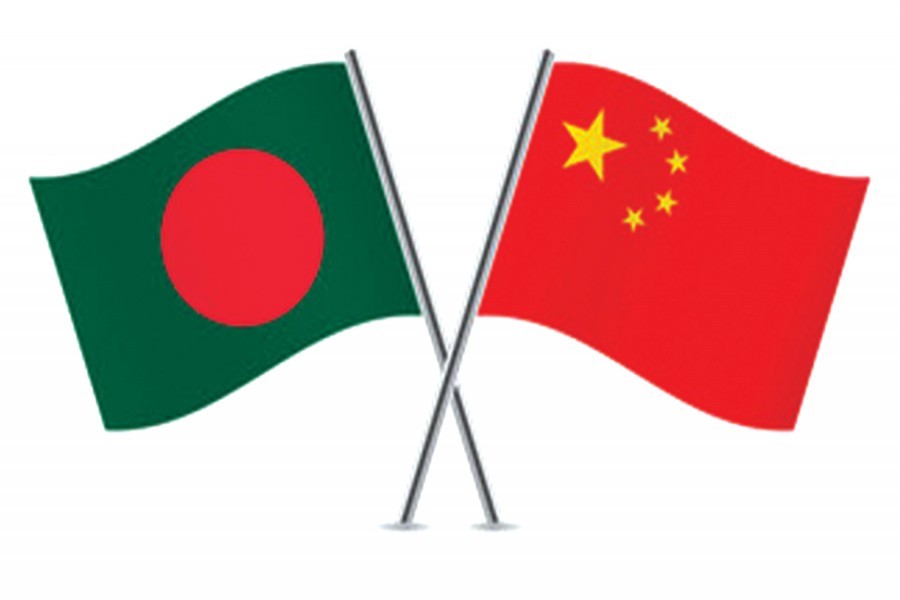 Bangladesh and China flags are seen cross-pinned symbolising friendship between the two nations. Collected Photo