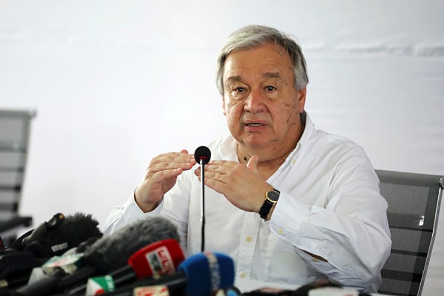 UN Secretary General Antonio Guterres speaking during a press conference at the Kutupalong refugee camp in Cox's Bazar district of Bangladesh on July 02, 2018. -Reuters Photo