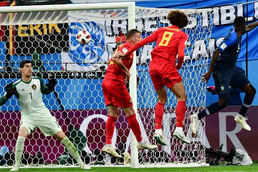 In the first semi-final of FIFA World Cup 2018 between France and Belgium at Saint Petersburg Stadium on July 10, Samuel Umtiti's 51st-minute header becomes the decisive factor that takes France into the World Cup final for the first time in 12 years. —Photo: Reuters