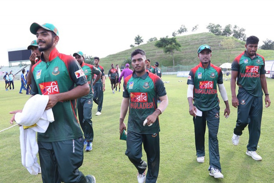 Bangladesh A team leaving the field after winning against Sri Lanka A team at the first match of the three-match one-day series at the Sylhet International Cricket Stadium in Sylhet on Tuesday — bdnews24.com