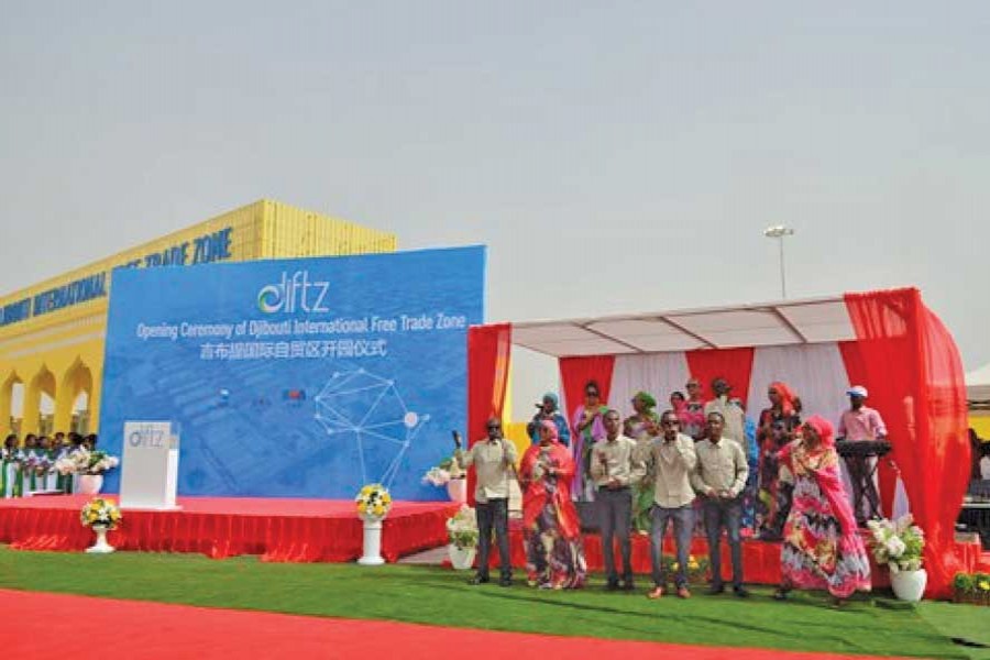 Local artistes perform before the opening ceremony of the Djibouti International Free Trade Zone on July 05, 2018.