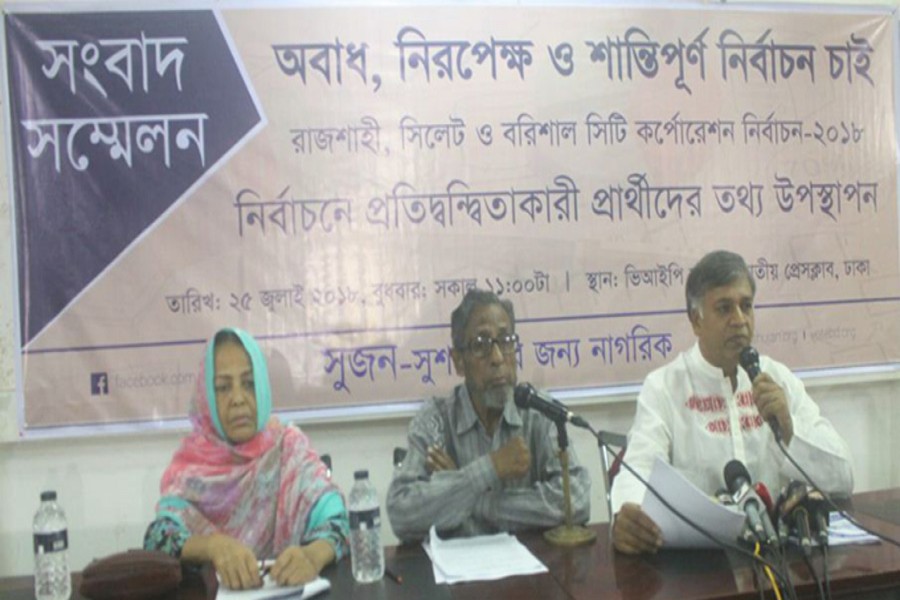 President of Shujan Hafiz Uddin Khan and other representatives of the civil rights body at a press conference at Jatiya Press Club in the city on Wednesday -UNB Photo