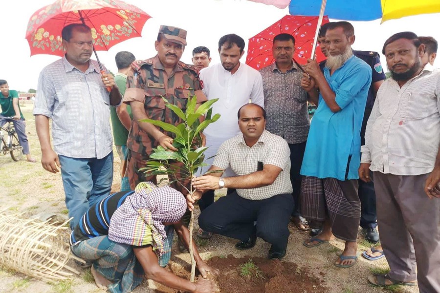 Gowainghat UNO planting a sapling in the area of the proposed eco-park in Bisnakandi of Sylhet on Wednesday — FE Photo