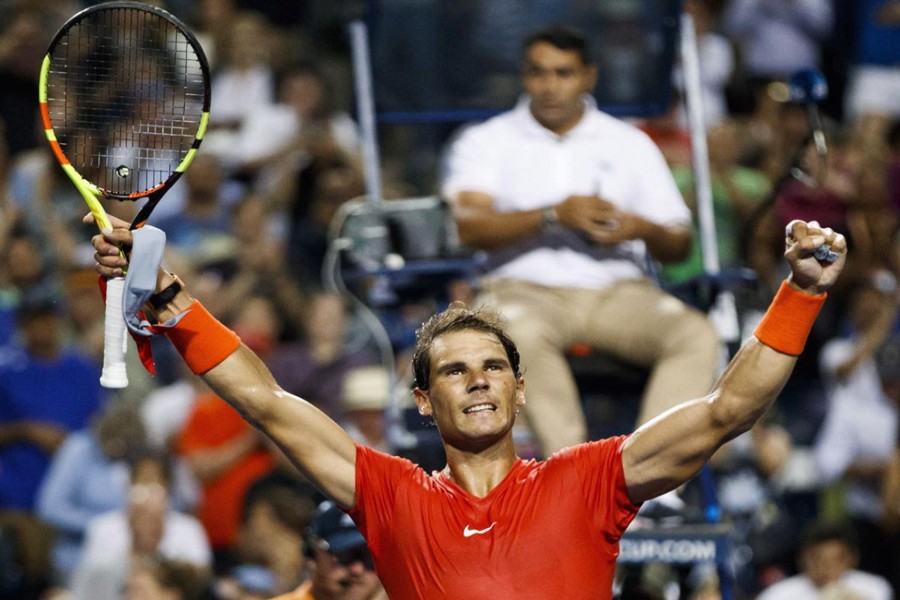 Spain's Rafael Nadal celebrating after defeating France's Benoit Paire during the Rogers Cup men's tennis tournament in Toronto on Wednesday — AP