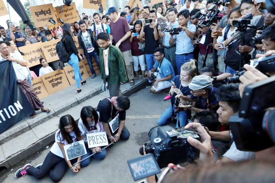 Myanmar press freedom advocates and youth activists holding a demonstration demanding the freedom of two jailed Reuters journalists in Yangon, Myanmar on Sunday — Reuters
