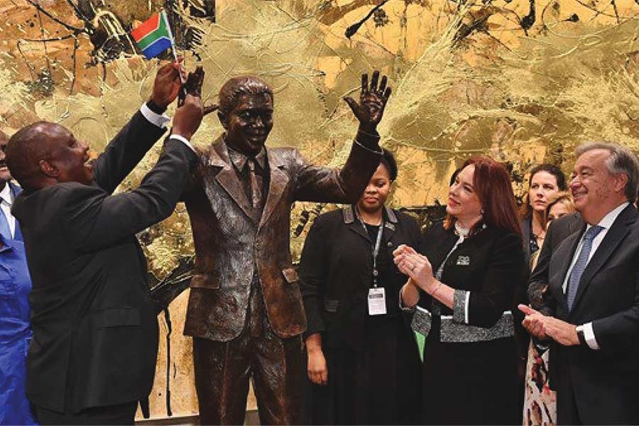 South Africa President Cyril Ramaphosa, left, United Nations General Assembly President Maria Fernanda Espinosa, centre, and United Nations Secretary General Antonio Guterres, left, attend the unveiling ceremony of the Nelson Mandela Statue which was presented as a gift from the Republic of South Africa on September 24, 2018, at United Nations headquarters in New York. —Photo: AP