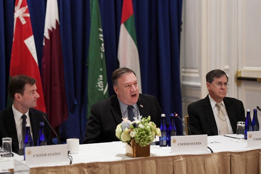 US Secretary of State Mike Pompeo (centre) speaking alongside US Ambassador David Satterfield (right) and Under Secretary of State for Political Affairs David Hale (left) while hosting a Gulf Cooperation Council summit on the sidelines of the United Nations General Assembly in New York City, US recently — Reuters