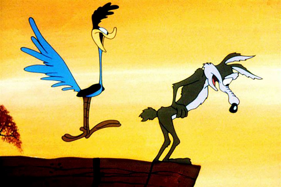 Wile E. Coyote and the Road Runner are a duo of characters from the Looney Tunes and Merrie Melodies series of cartoons. In the cartoons, the Coyote repeatedly attempts to catch and subsequently eat the Road Runner, a fast-running ground bird, but is never successful. — Source: Wikipedia