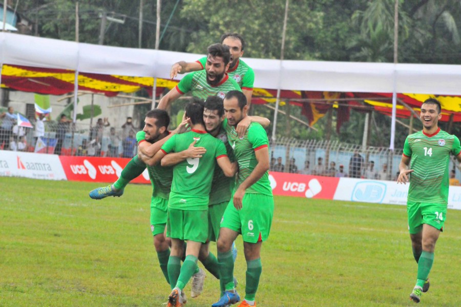 Tajikistan players celebrating after scoring a goal against Philippines in the semifinal of the Bangabandhu Gold Cup on Tuesday — BFF