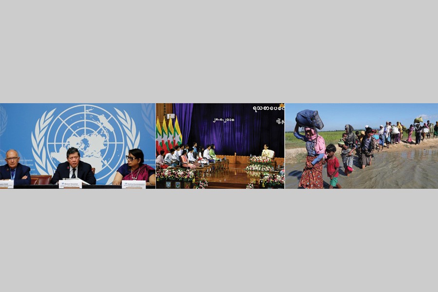 (From left) Christopher Sidoti, Marzuki Darusman, and Radhika Coomaraswamy, members of the Independent International Fact-Finding Mission on Myanmar, speak at a news conference at the United Nations in Geneva, Switzerland, on August 27, 2018 (Reuters photo); on August 28, Aung San Suu Kyi discusses literary fiction with students at the Yangon University Convocation Hall on August 28, the day UN report was published (Asia News Network photo; Rohingya refugees walk towards a refugee camp after crossing the border in Anjuman Para near Cox's Bazar, on November 19, 2017 (Reuters photo).