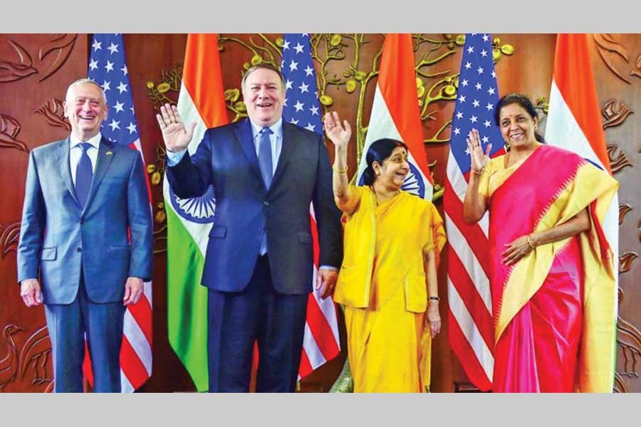 Indian foreign minister Sushma Swaraj (second from right) and defence minister Nirmala Sitharaman (right) and US secretary of state Mike Pompeo (second from left) and US secretary of defence James Mattis (left) pose for a group photo before India-US 2+2 Dialogue, in New Delhi, on September 06, 2018. —Photo: PTI