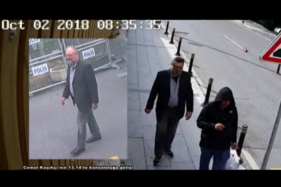 Still images taken from two different CCTV videos and obtained by Turkish security sources claim to show Saudi journalist Jamal Khashoggi (L) as he arrives at Saudi Arabia's Consulate and another man allegedly wearing Khashoggi's clothes while walking in Istanbul, Turkey on October 2, 2018 — Reuters TV via Reuters