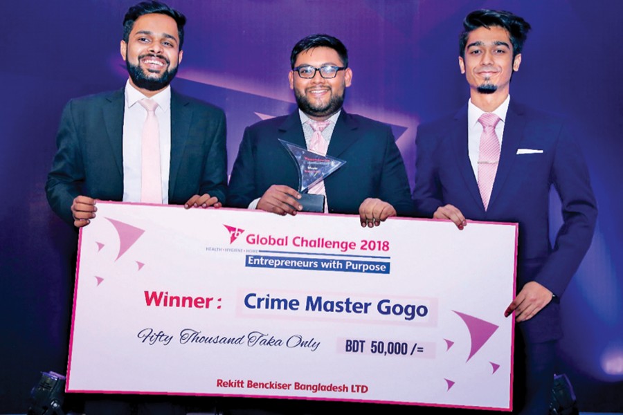 The national winners of RB Global Challenge 2018—from left Mohammed Arif-Uz-Zaman Khan, Md Nurul Samnan and Farhan Karim