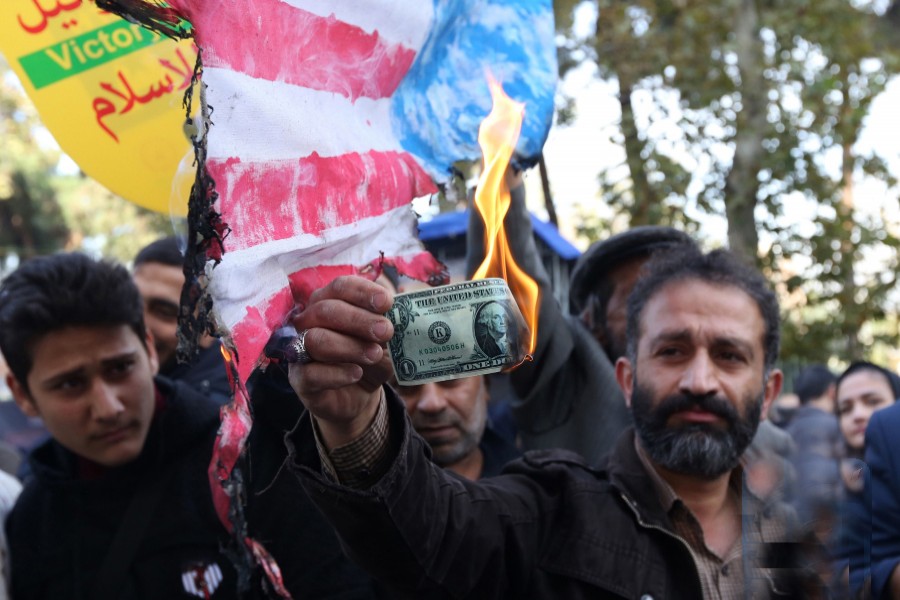 Iranians holding a rally in Tehran on Sunday to mark the 39th anniversary of the seizure of the former US embassy in Tehran — Internet